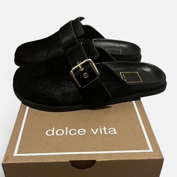 Dolce Vita Sunday Onyx Black Calf Hair Slip-On Mule w Gold Buckle Size 6 NIB - Picture 3 of 10